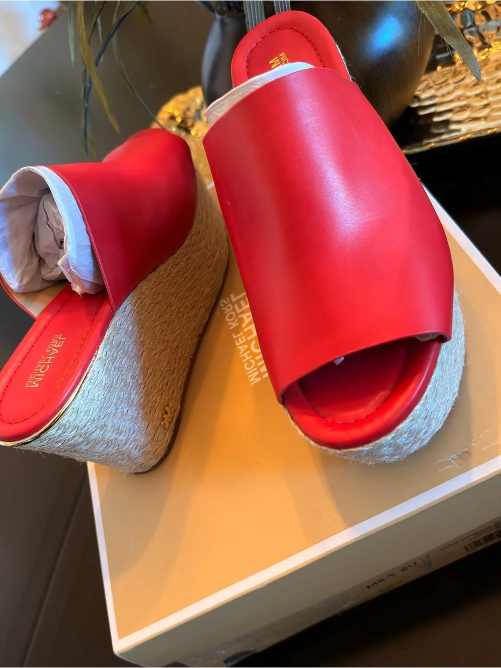 Michael Kors Red Leather Espadrille Wedge Sandals
